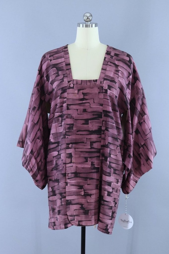 Vintage 1970s Michiyuki Kimono Coat / Purple &amp; Black Abstract - ThisBlueBird