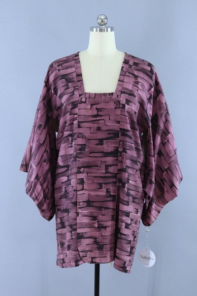 Vintage 1970s Michiyuki Kimono Coat / Purple & Black Abstract - ThisBlueBird