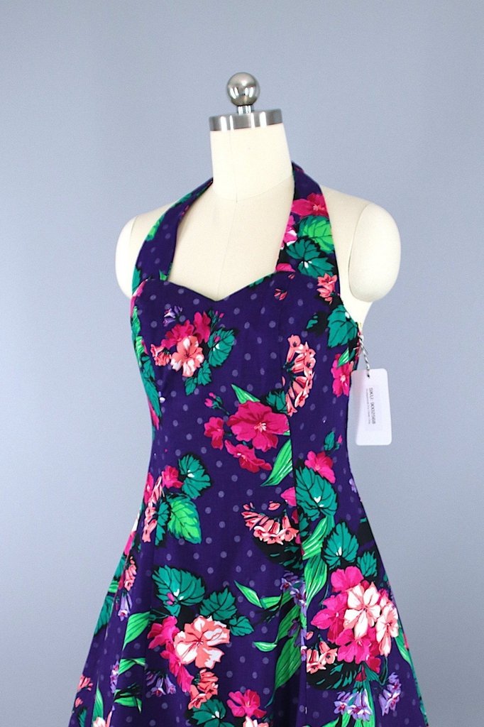 Vintage 1980s Halter Dress / Rockabilly Sundress / Purple Floral Print - ThisBlueBird