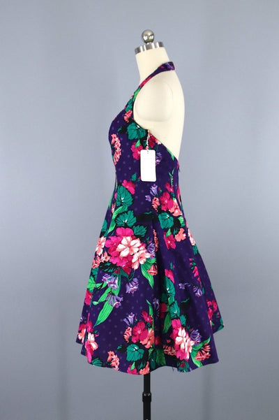 Vintage 1980s Halter Dress / Rockabilly Sundress / Purple Floral Print - ThisBlueBird