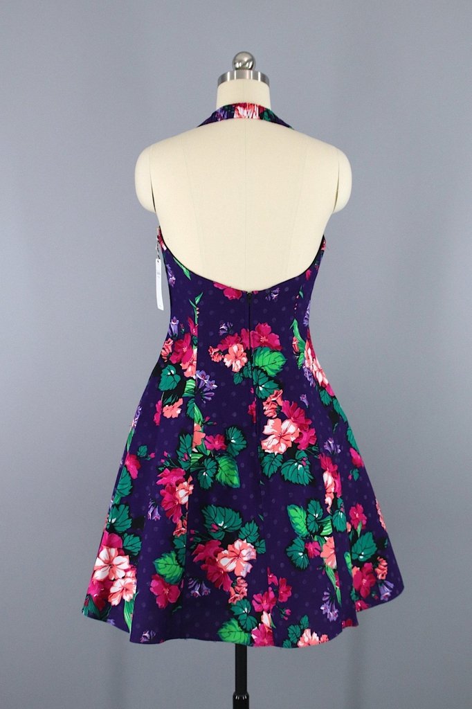 strapless open back dress Vintage Purple Floral Print Halter Dress – ThisBlueBird