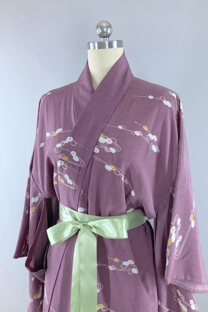 Vintage Purple Floral Summer Silk Kimono Robe-ThisBlueBird