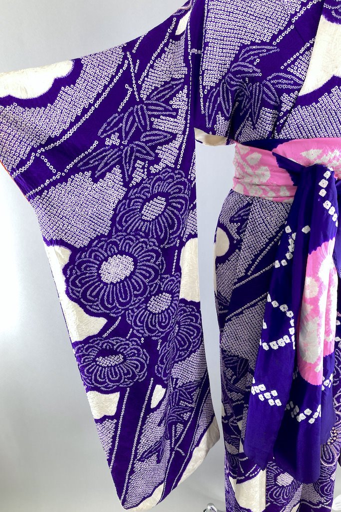 Vintage Purple & Gold Embroidered Shibori Silk Kimono Robe-ThisBlueBird