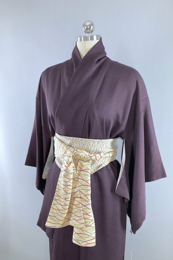 Vintage Purple & Gold Embroidered Silk Kimono Robe-ThisBlueBird