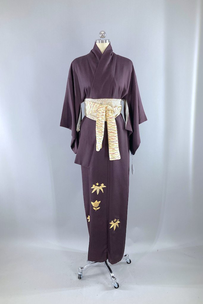 Vintage Purple &amp; Gold Embroidered Silk Kimono Robe-ThisBlueBird