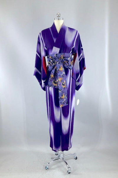 Vintage Purple Ikat Wave Silk Kimono-ThisBlueBird