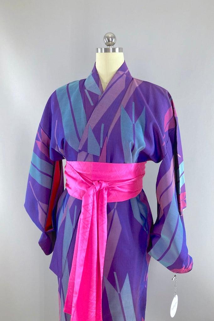 Vintage Purple &amp; Pink Arrows Silk Kimono-ThisBlueBird