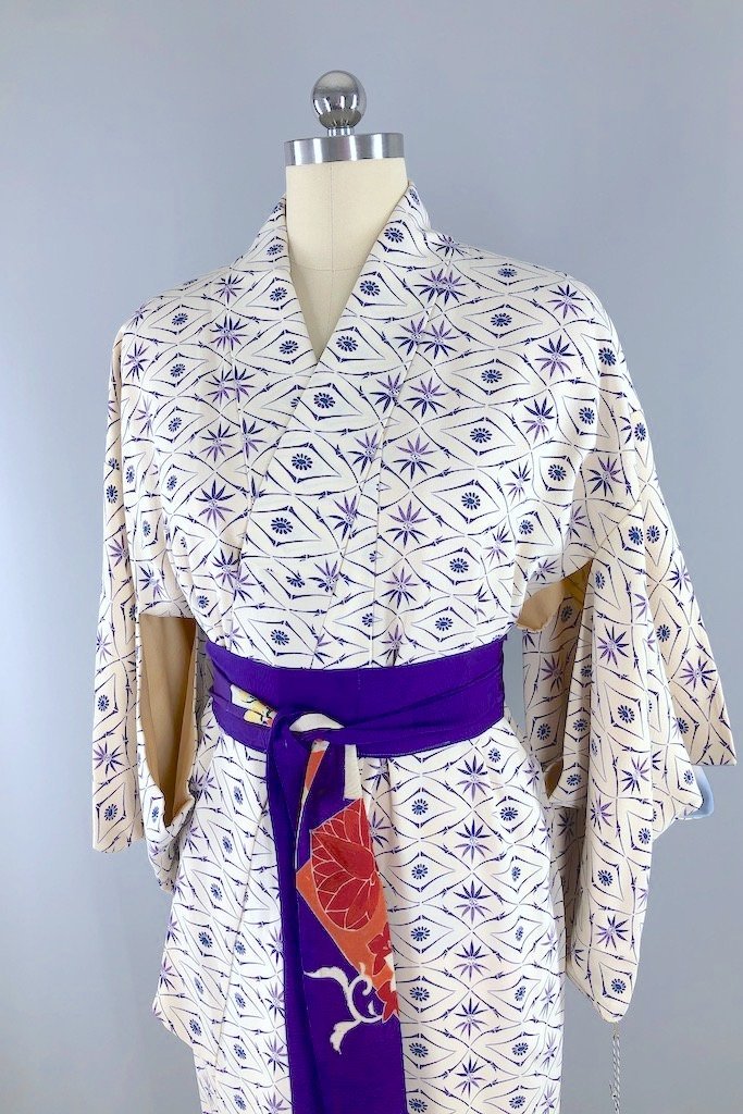 Vintage Purple Print Silk Kimono Robe-ThisBlueBird - Modern Vintage