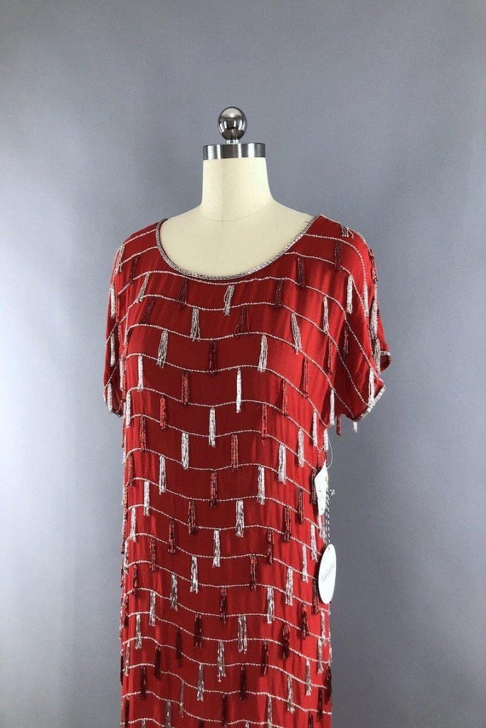 Vintage Red Beaded Silk Chiffon Flapper Dress - ThisBlueBird