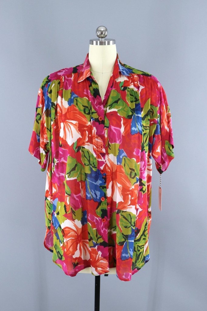 Vintage 1980s Floral Print Shirt / Indian Cotton Gauze Shirt - ThisBlueBird