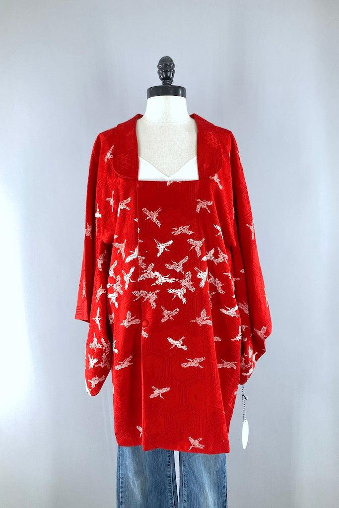 Vintage Red Cranes Silk Kimono Jacket-ThisBlueBird