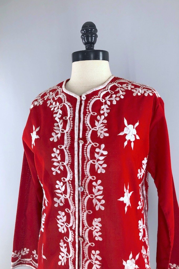 Vintage Red Embroidered Tunic Shirt-ThisBlueBird - Modern Vintage