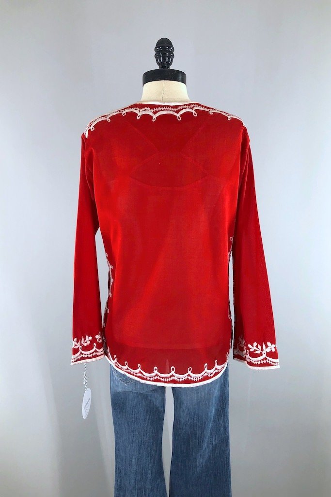 Vintage Red Embroidered Tunic Shirt-ThisBlueBird - Modern Vintage
