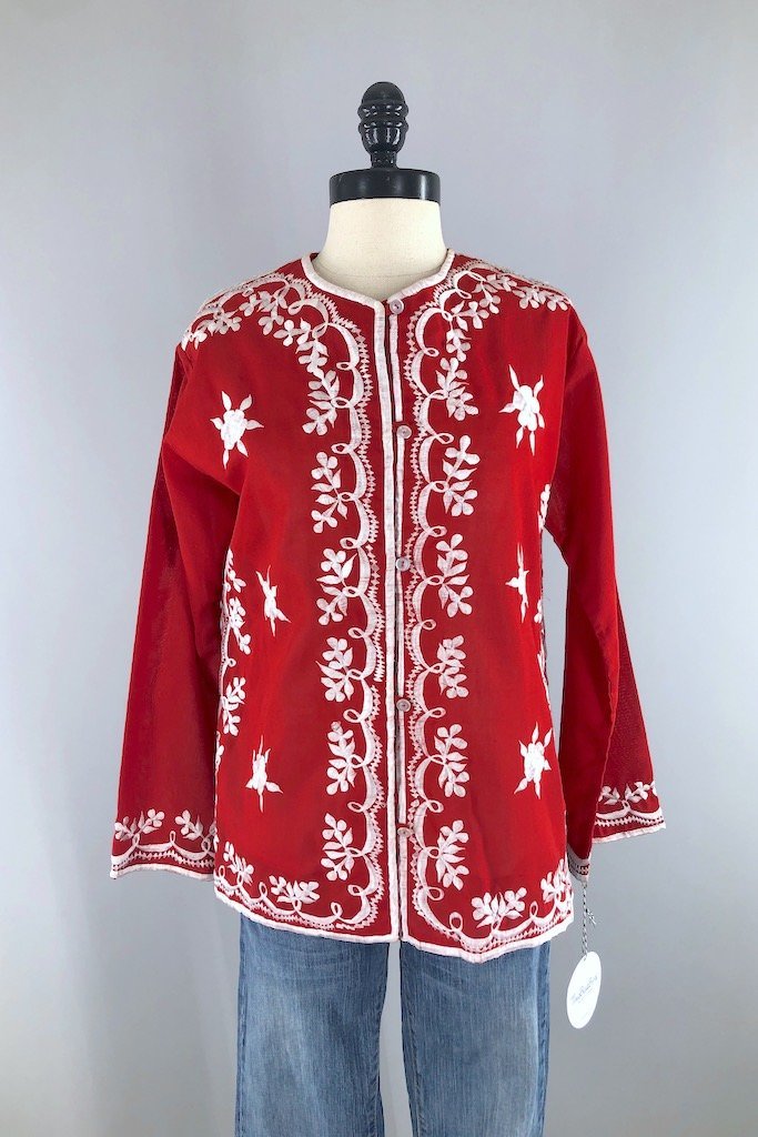 Vintage Red Embroidered Tunic Shirt-ThisBlueBird - Modern Vintage