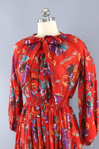 Vintage 1980s Red Floral Print Day Dress-ThisBlueBird