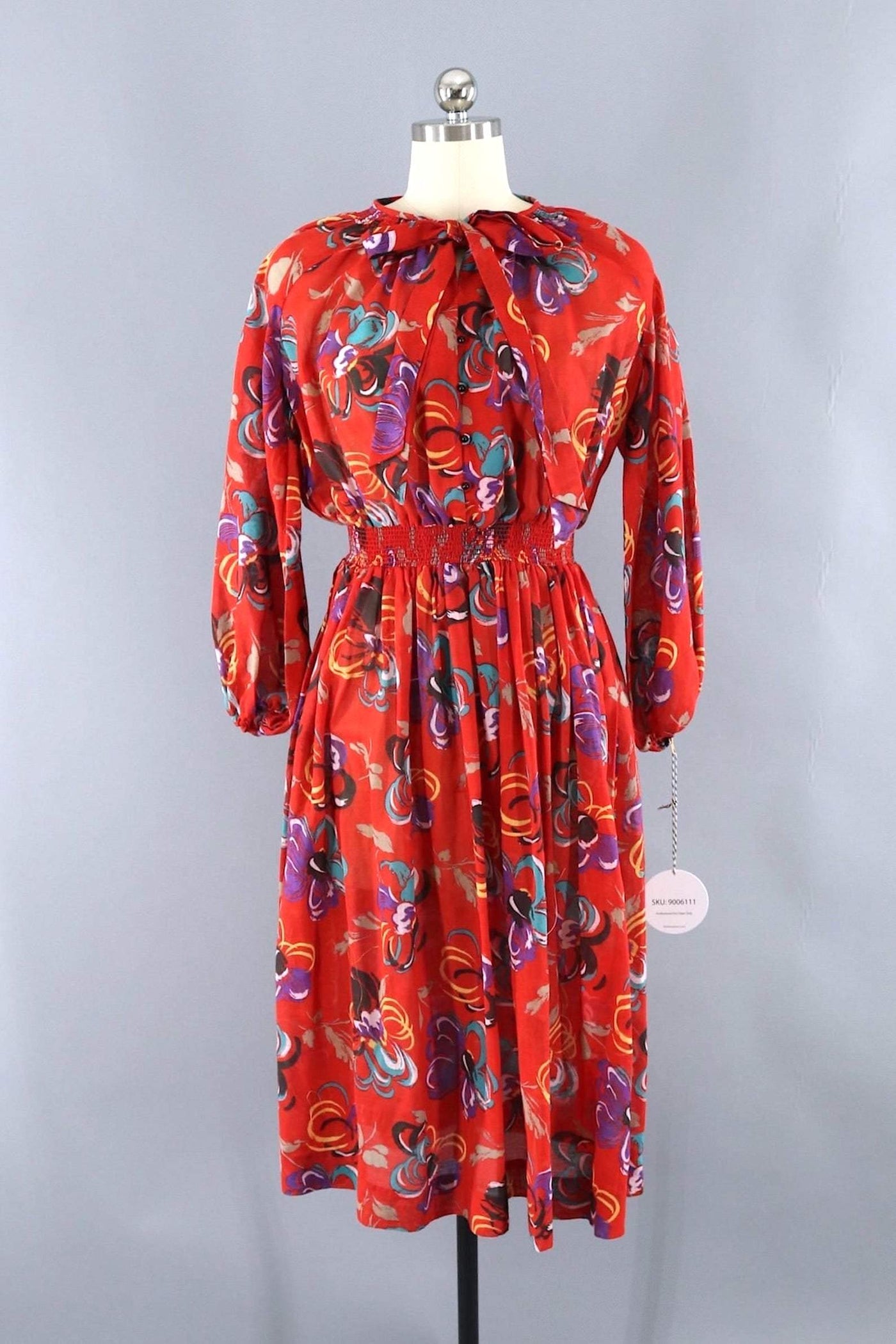 Vintage 1980s Red Floral Print Day Dress-ThisBlueBird