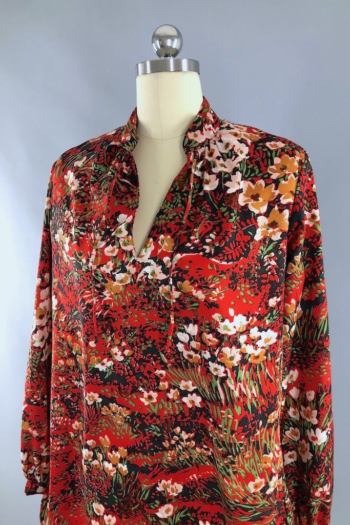 Vintage Red Floral Print Long Tunic-ThisBlueBird - Modern Vintage