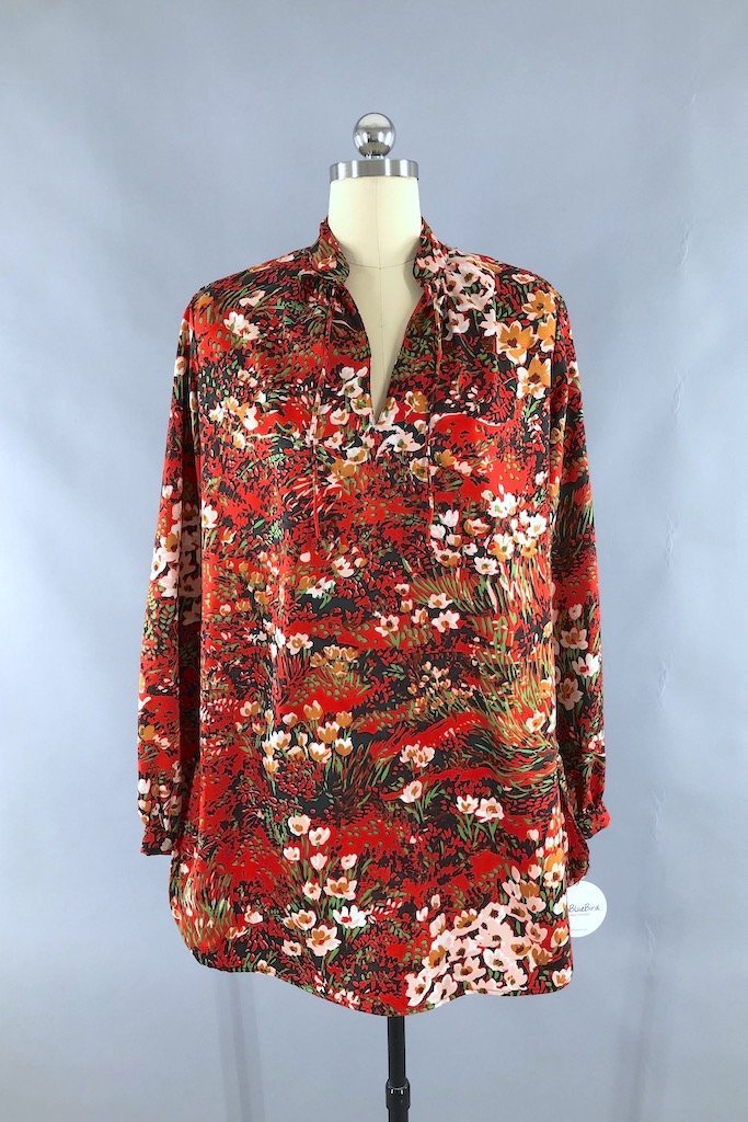 Vintage Red Floral Print Long Tunic-ThisBlueBird