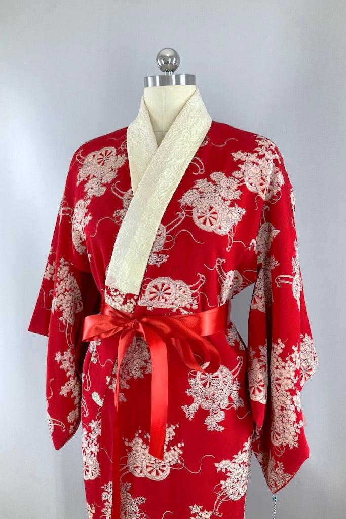 Vintage Red Floral Silk Juban Kimono-ThisBlueBird