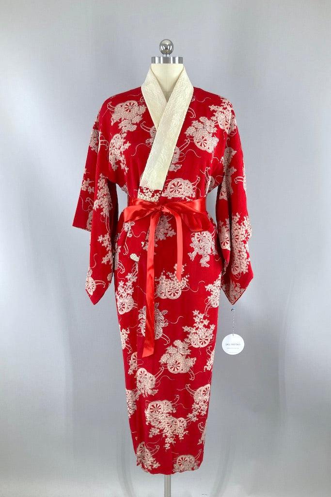 Vintage Red Floral Silk Juban Kimono-ThisBlueBird