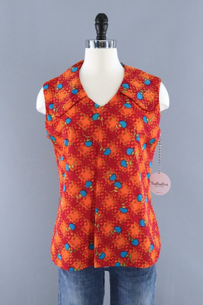 Vintage 1960s Sleeveless Top / Red Floral-ThisBlueBird - Modern Vintage