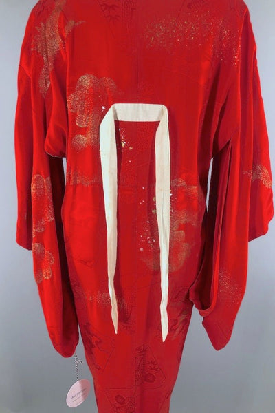 Vintage Red & Gold Cranes Silk Kimono Robe-ThisBlueBird - Modern Vintage
