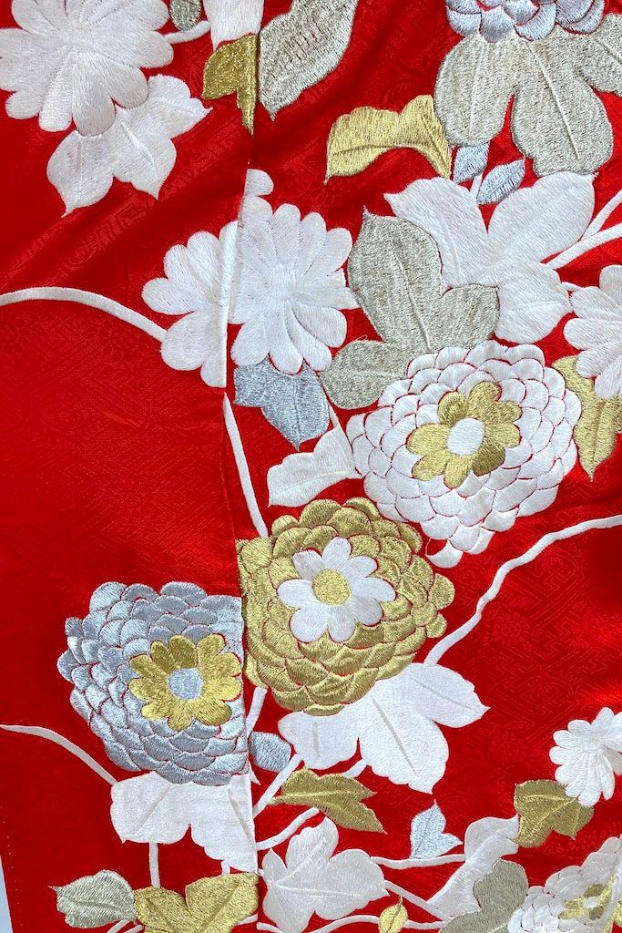 Vintage Red & Gold Embroidered Silk Kimono Robe