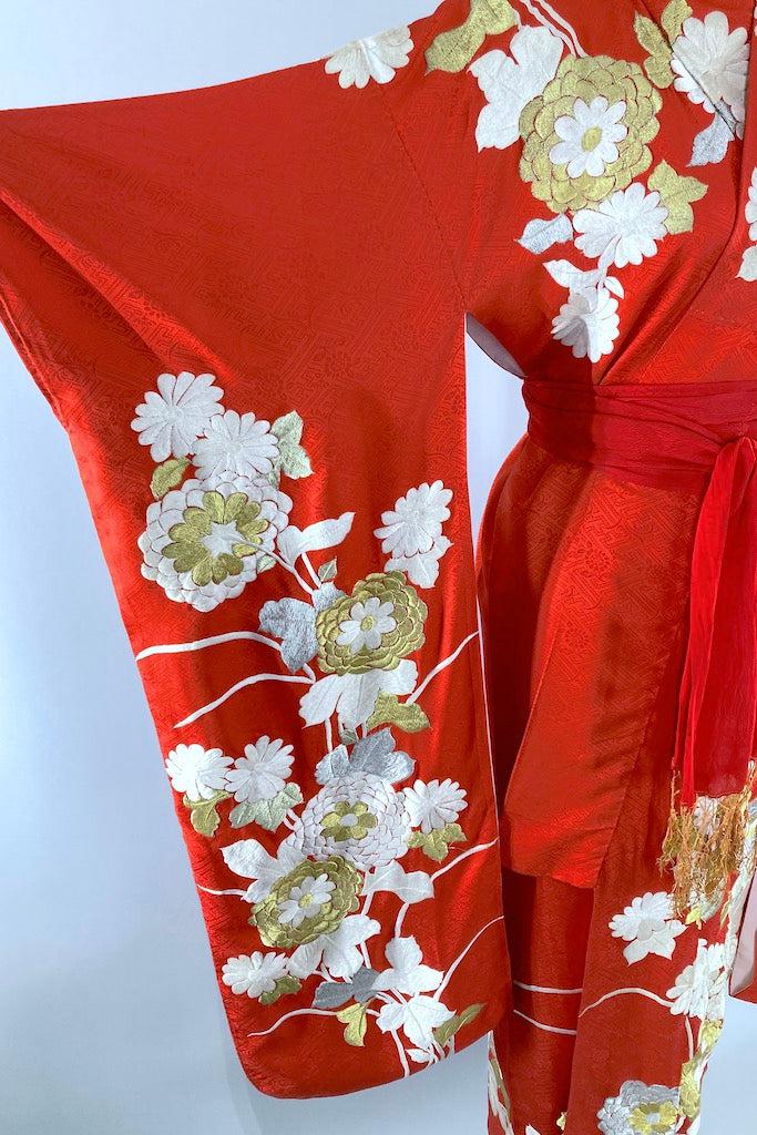 Vintage Red & Gold Embroidered Silk Kimono Robe