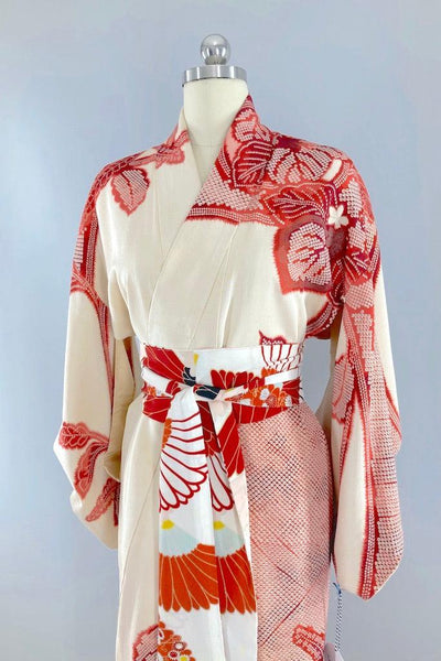 Vintage Red & Ivory Shibori Floral Silk Kimono-ThisBlueBird