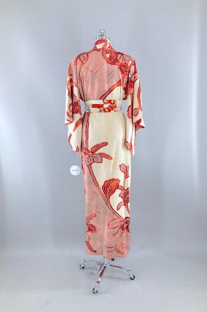 Vintage Red & Ivory Shibori Floral Silk Kimono-ThisBlueBird