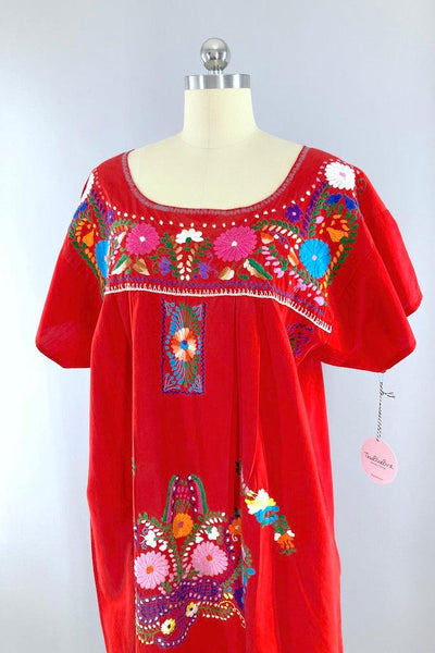 Vintage Red Mexican Embroidered Dress
