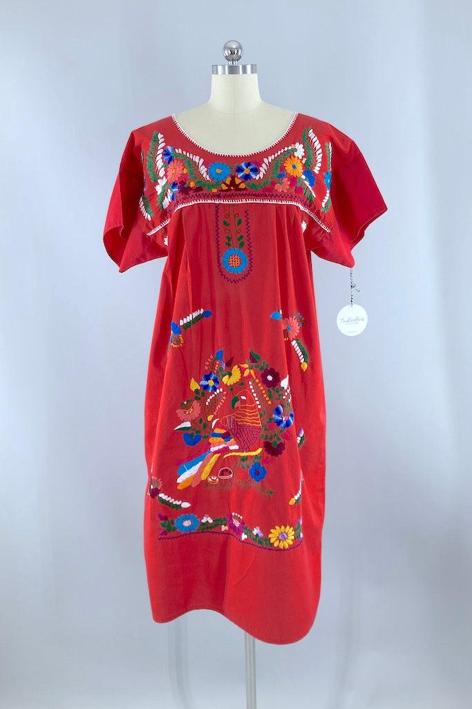 Vintage Red Mexican Embroidered Dress-ThisBlueBird