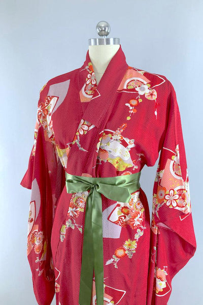 Vintage Red & Pink Floral Print Kimono Robe-ThisBlueBird