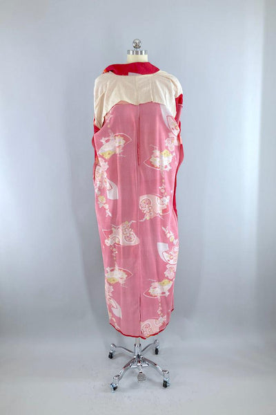 Vintage Red & Pink Floral Print Kimono Robe-ThisBlueBird