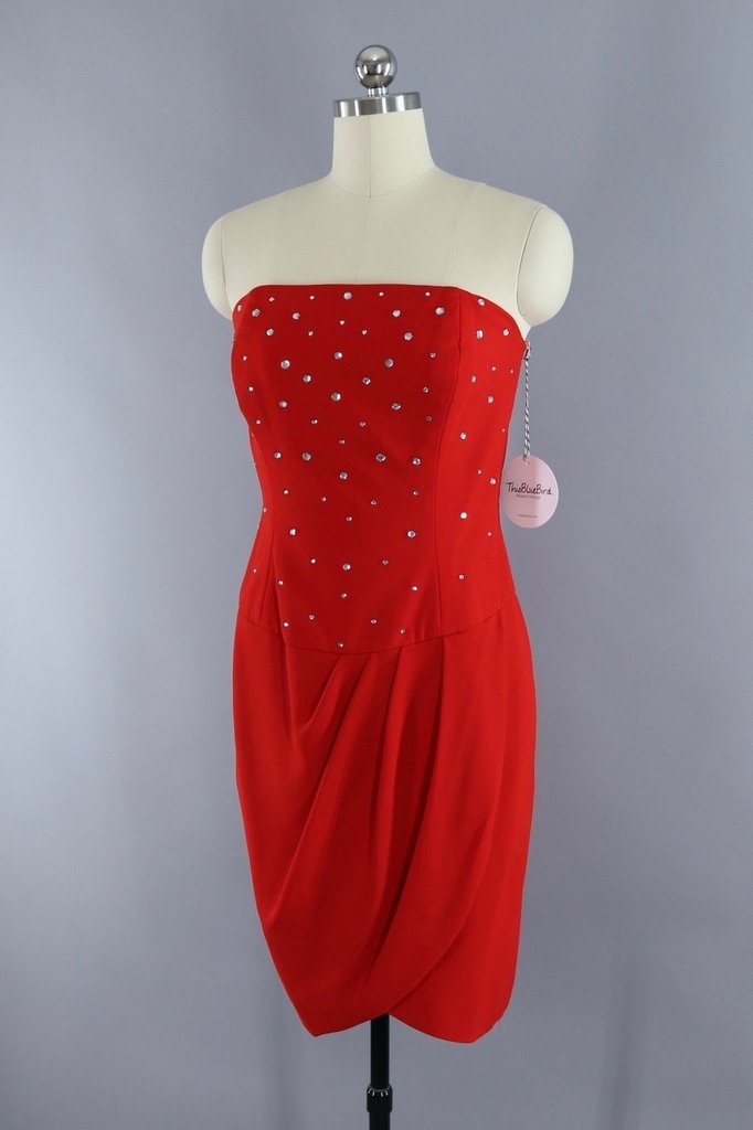 Vintage Red Rhinestone Strapless Mini Dress - ThisBlueBird