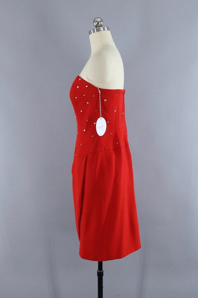 Vintage Red Rhinestone Strapless Mini Dress - ThisBlueBird