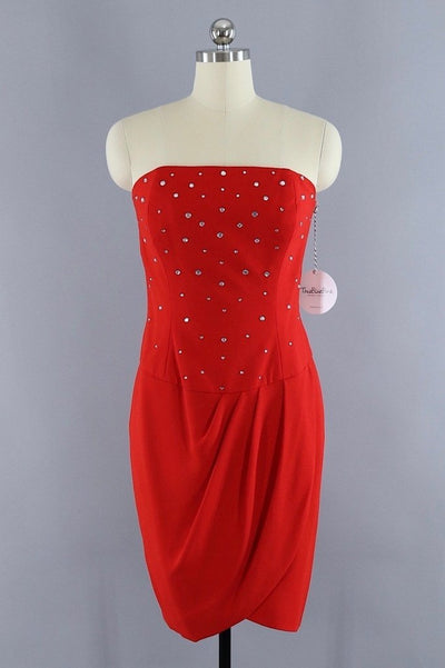 Vintage Red Rhinestone Strapless Mini Dress - ThisBlueBird
