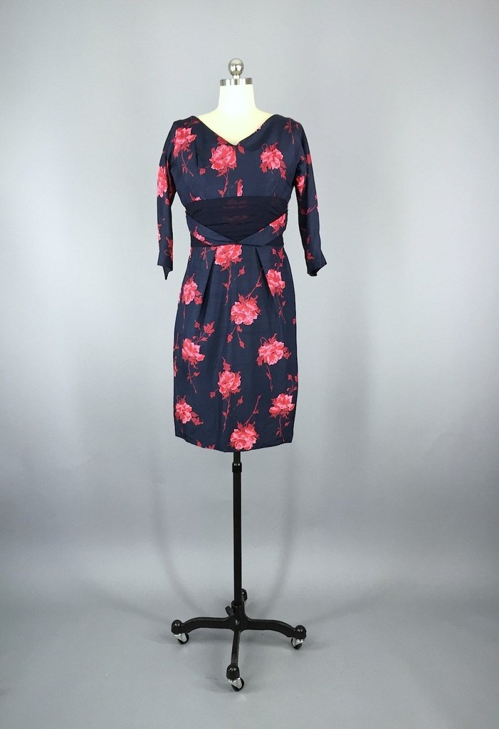 1950s Vintage Red Rose Floral Print Cocktail Dress - ThisBlueBird