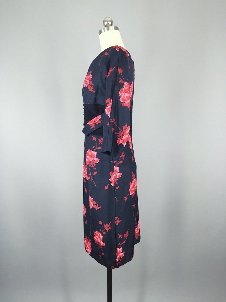 1950s Vintage Red Rose Floral Print Cocktail Dress - ThisBlueBird