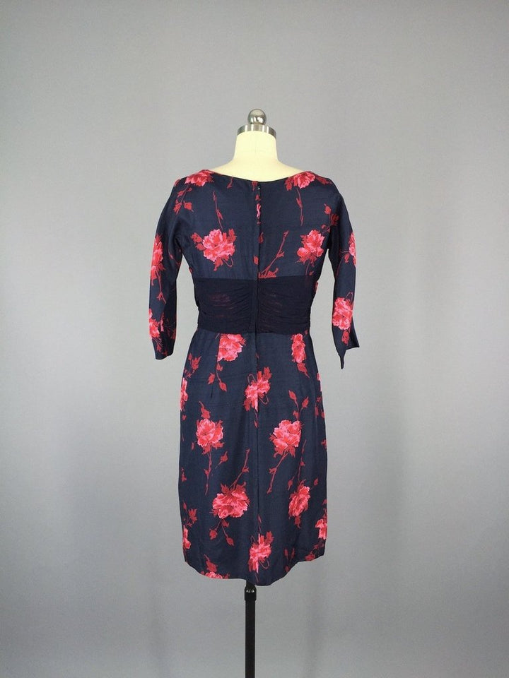 1950s Vintage Red Rose Floral Print Cocktail Dress - ThisBlueBird