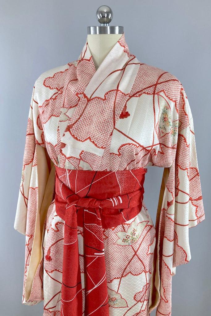 Vintage Red Shibori Butterflies Silk Kimono Robe-ThisBlueBird