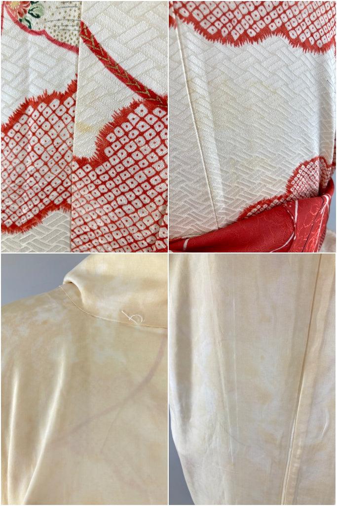 Vintage Red Shibori Butterflies Silk Kimono Robe-ThisBlueBird