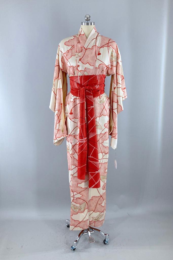 Vintage Red Shibori Butterflies Silk Kimono Robe-ThisBlueBird