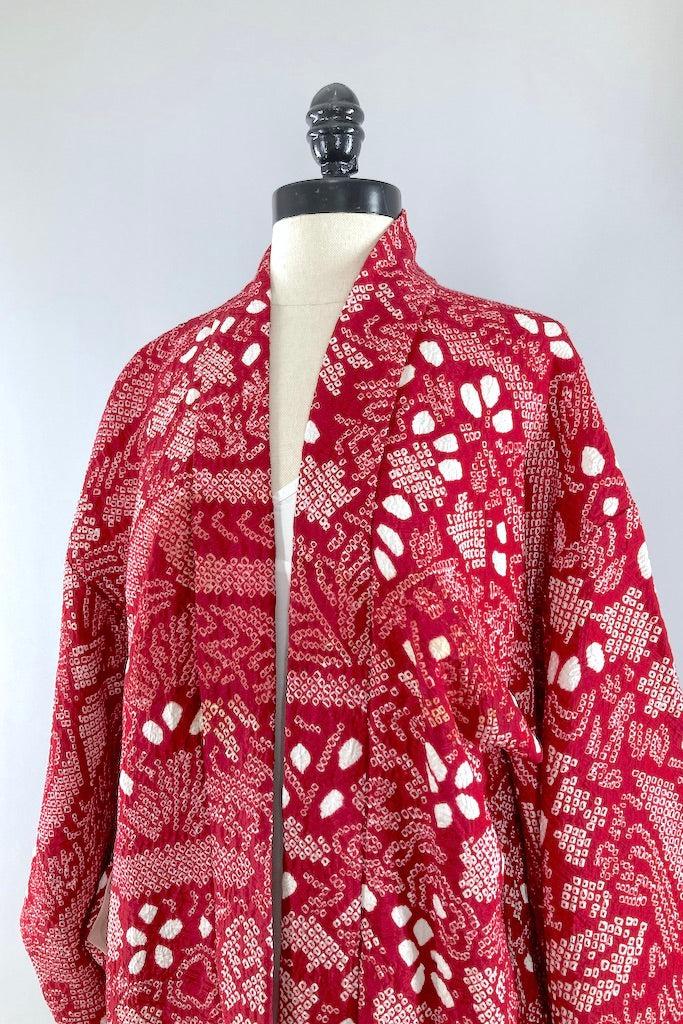 Vintage Red Shibori Silk Kimono Cardigan-ThisBlueBird