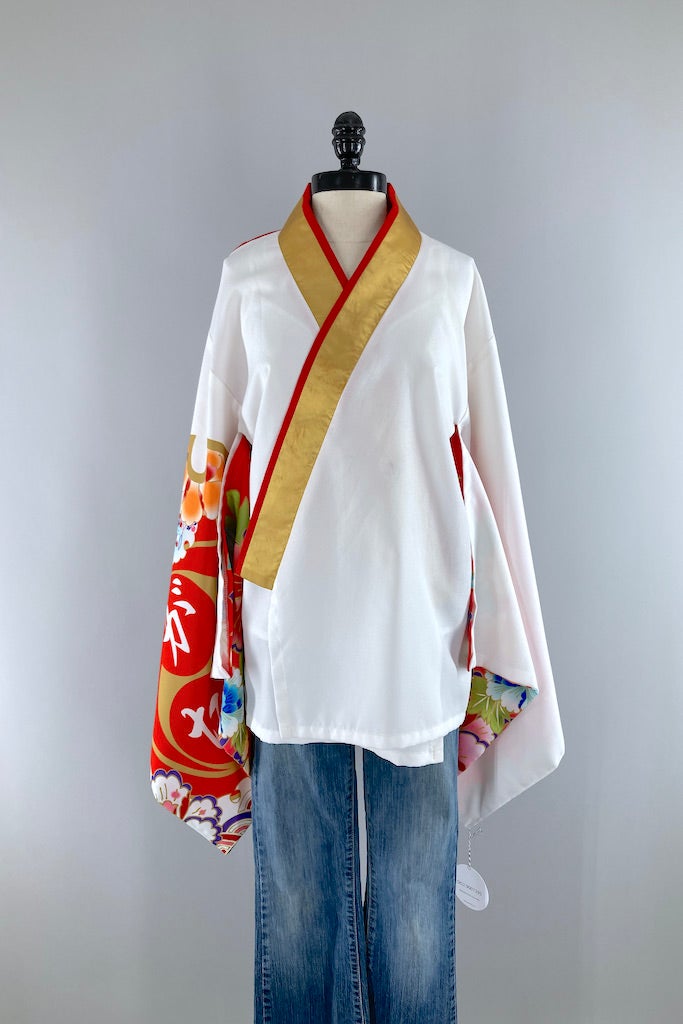 Vintage Red & White Floral Kimono Cardigan-ThisBlueBird