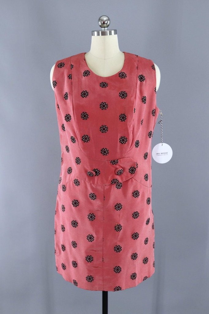 Vintage 1960s Red and Black Floral Print Shift Dress - ThisBlueBird