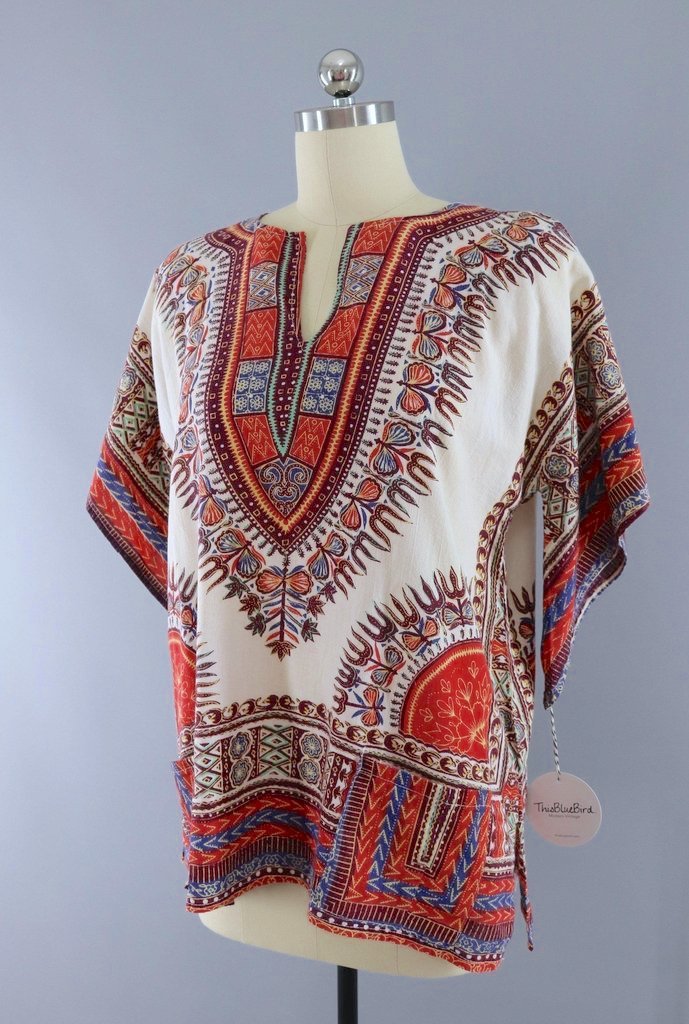 Vintage Cotton Hippie Tunic / Red and White Multi-ThisBlueBird