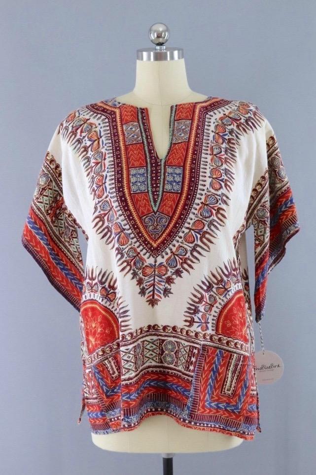 Vintage Cotton Hippie Tunic / Red and White Multi-ThisBlueBird