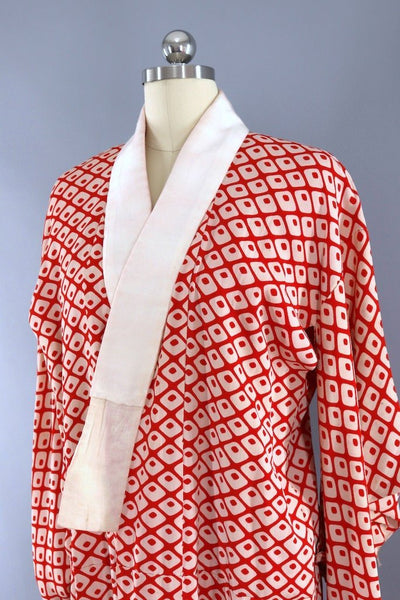 Vintage Red and White Diamond Silk Kimono Robe-ThisBlueBird - Modern Vintage