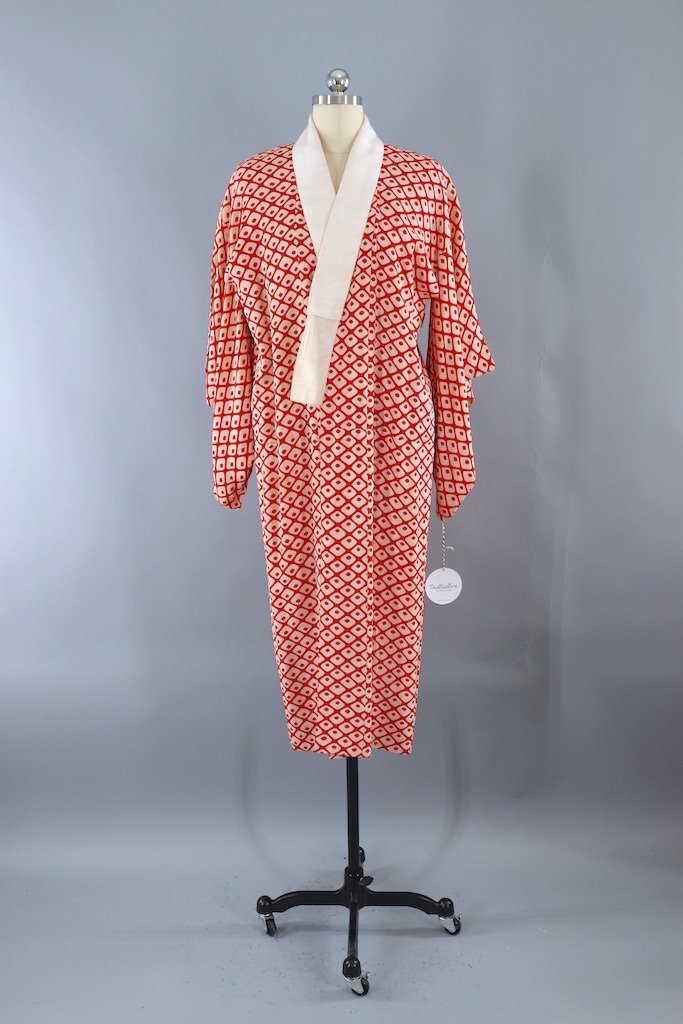 Vintage Red and White Diamond Silk Kimono Robe-ThisBlueBird - Modern Vintage